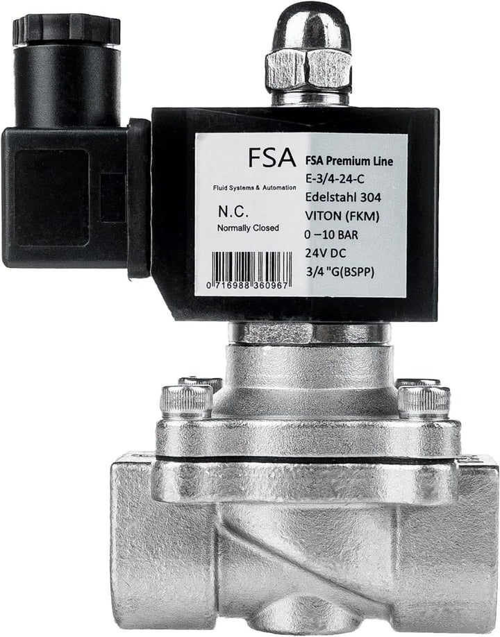 FSA Magnetventil Edelstahl 304 3/4" 24V DC 0-10 bar Viton stromlos geschlossen, 3/4" 24v DC