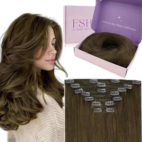 Fshine Clip in Extensions Echthaar 35cm 7 Pcs 120 Gramm Braun Doppelt Tressen Echthaar Haarteil 100%