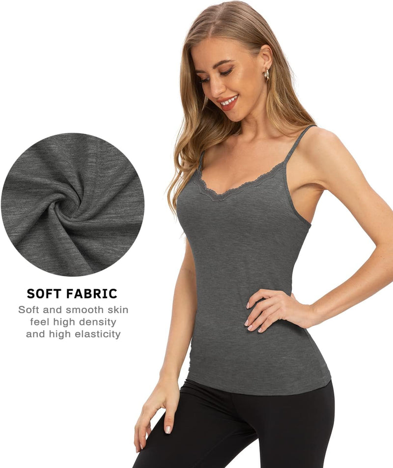 Damen Tanktop mit Spitzen Unterhemd Spaghettiträger Basic Top V-Ausschnitt Verstellbare Trägertop 4e