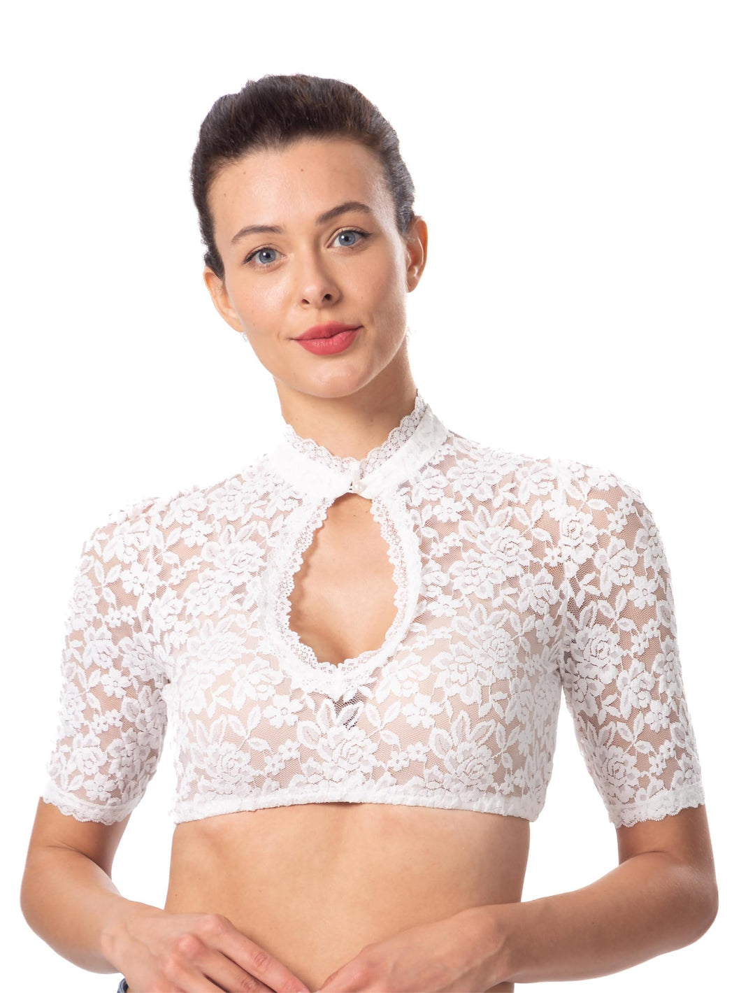 Dirndlwelle Oktoberfest Damen Dirndlbluse Elegante Trachtenbluse Blumenmuster Kurzarm Weiss Spitzebl