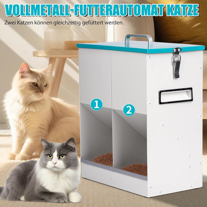 Futterautomat Katze 2 Näpfe, 10L Futterspender Katze Trockenfutter, Metall Futterautomaten für Klein
