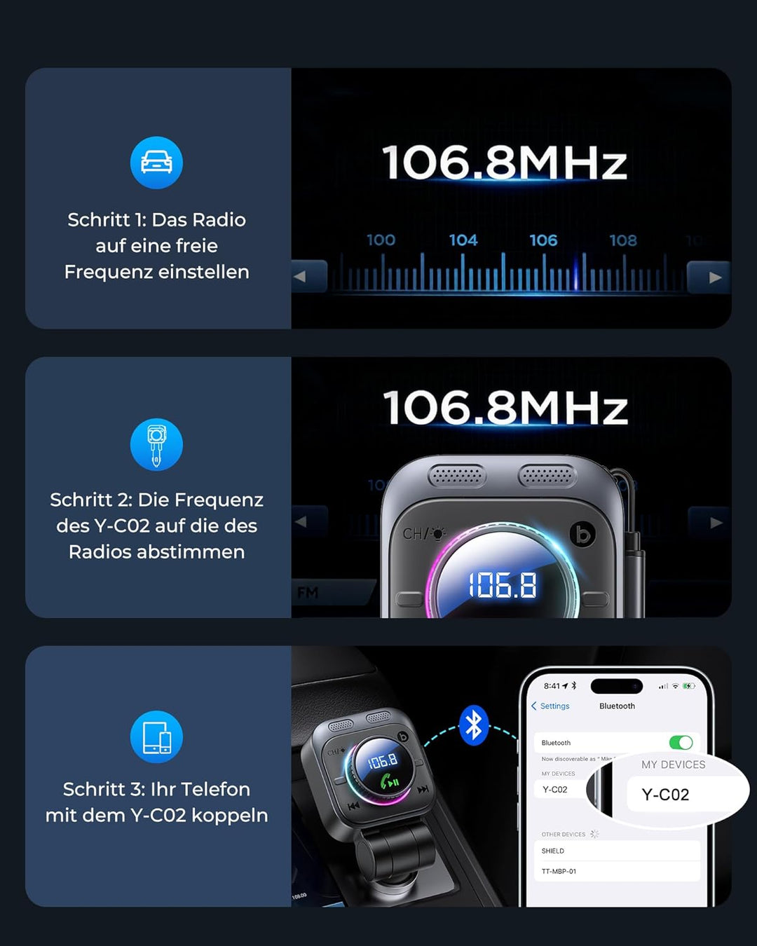 LENCENT 72W FM Transmitter Auto Bluetooth 5.4, Bluetooth Adapter Auto mit ausziehbarem Ladekabel, Zi