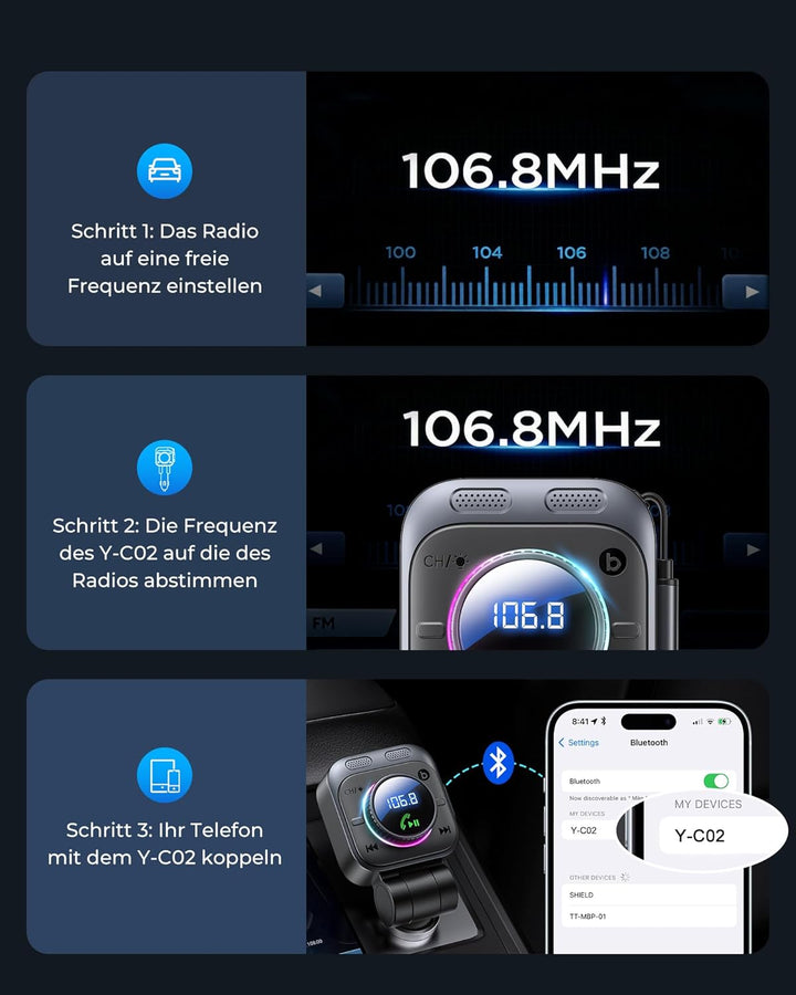 LENCENT 72W FM Transmitter Auto Bluetooth 5.4, Bluetooth Adapter Auto mit ausziehbarem Ladekabel, Zi