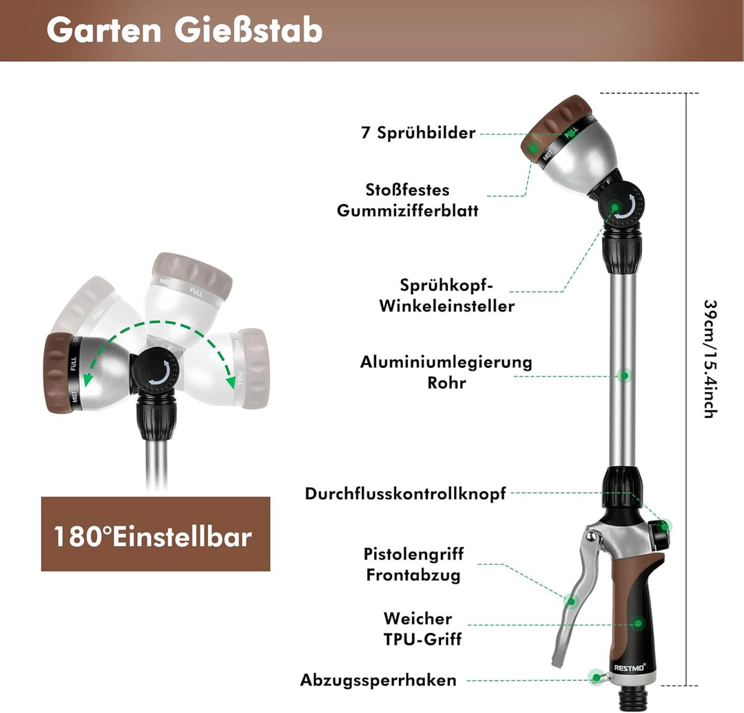 RESTMO Garten Giessstab Metall, 42cm Lang Gartenbrause mit Stiel, 180° schwenkbaren Kopf Stabbrause