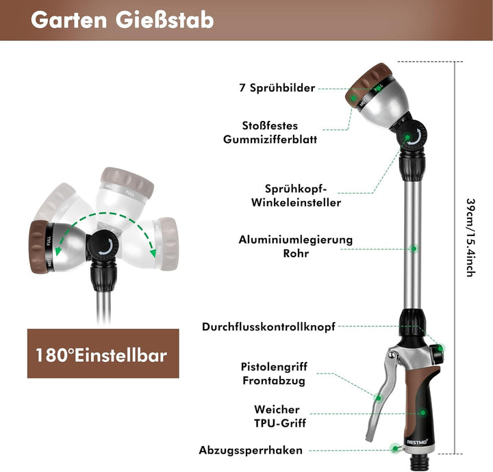 RESTMO Garten Giessstab Metall, 42cm Lang Gartenbrause mit Stiel, 180° schwenkbaren Kopf Stabbrause
