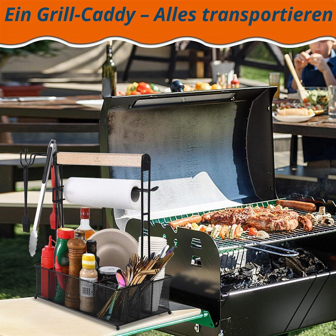 Grill-Caddy, Picknick-Grill-Organizer für Camping, Outdoor, Netzkorb mit 3 Haken zum Aufhängen und P