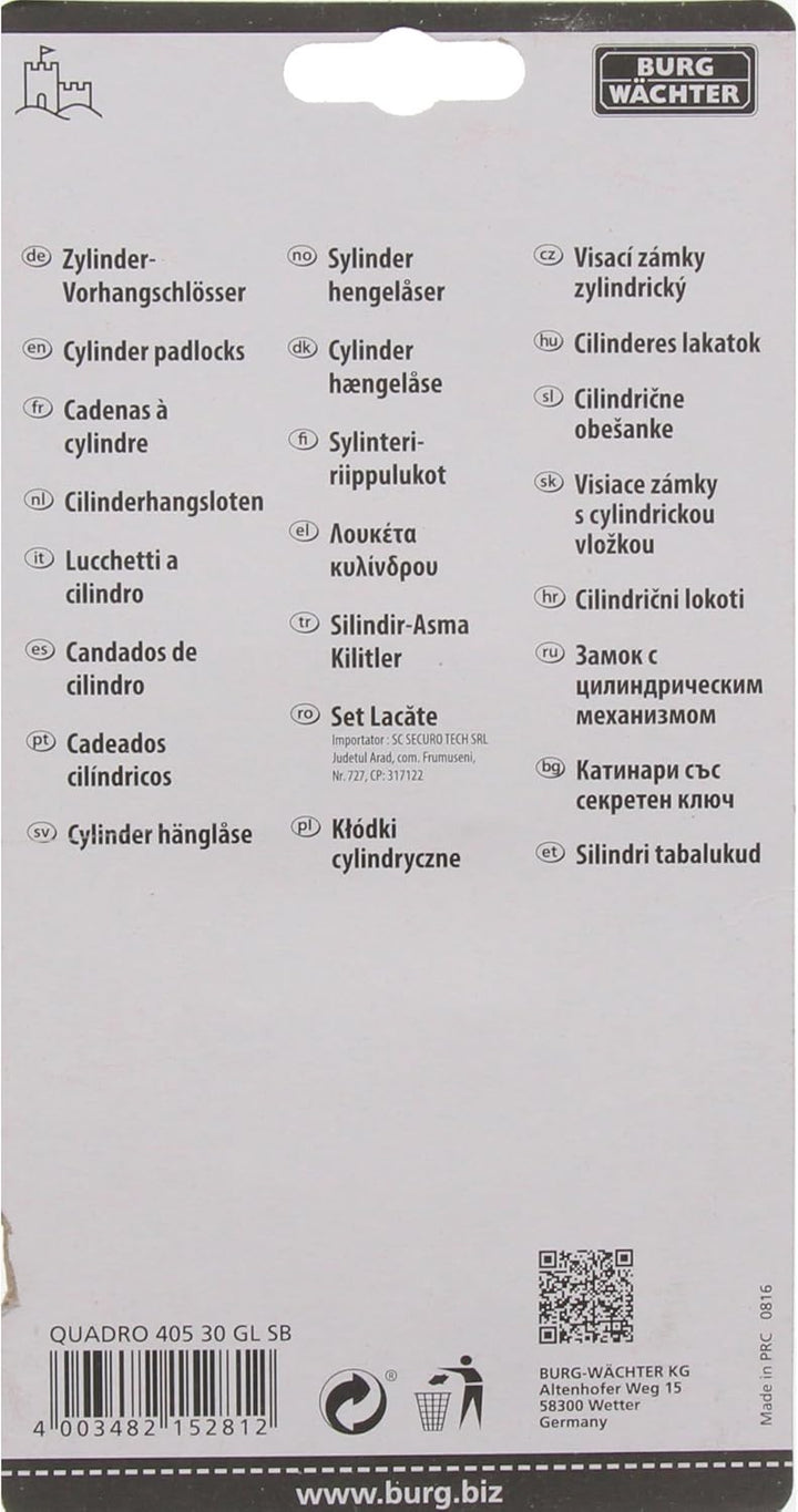 BURG WÄCHTER Vorhangschloss-Set 405 Quadro, 30 mm SB-4, 1 Stück,QUADRO 405 30 GL SB
