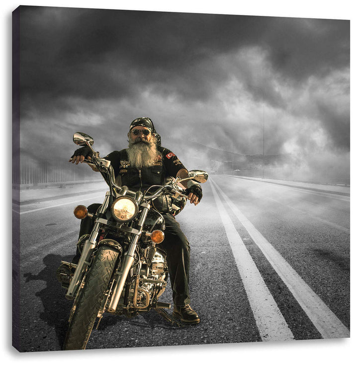 Pixxprint Biker auf Highway 70x70cm Leinwandbild Wandbild Kunstdruck, 70x70