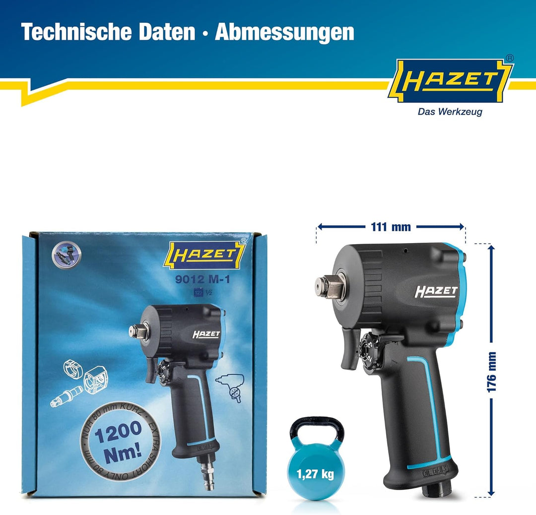 HAZET Druckluft-Schlagschrauber 9012M-1 | extra kurz - nur 80 mm, Max. Lösemoment: 1200 Nm, Vierkant