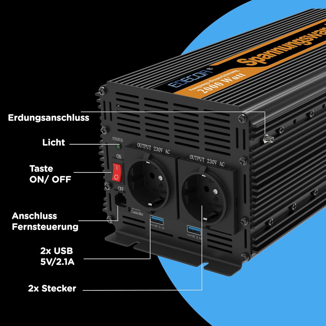 EDECOA Wechselrichter 2000w 24v 230v Spannungswandler mit Neuer Fernbedienung 2X USB und Bildschirm