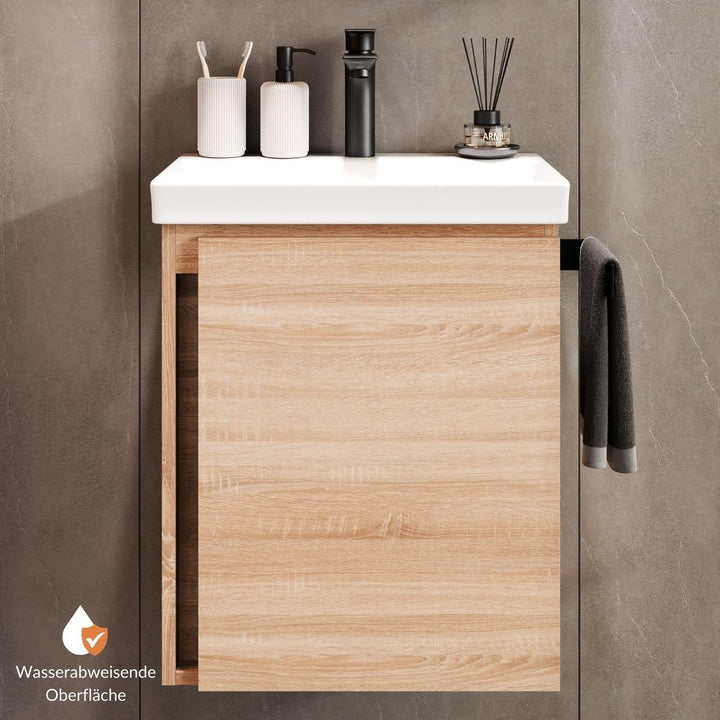 Planetmöbel Waschtisch mit Unterschrank 50 cm inkl. Waschtischarmatur schwarz, Badmöbel Set mit Wasc