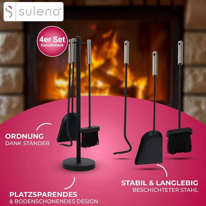 SULENO Kaminbesteck DUBLIN 4-teilig Kamingarnitur mit Ascheschaufel Besen Schürhaken, Kaminset & Hal