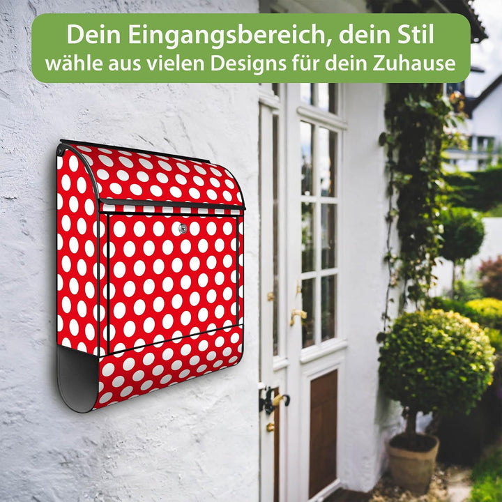 banjado® Design Briefkasten mit Motiv Punkte Rot 39x47x14cm &amp; 2 Schlüssel - Briefkasten Stahl schwar