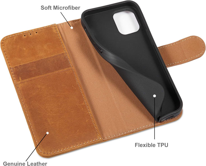 LENSUN Echtleder Hülle für iPhone 12 Mini, Handyhülle [Echtes Leder][Magnetverschluss][RFID Schutz]