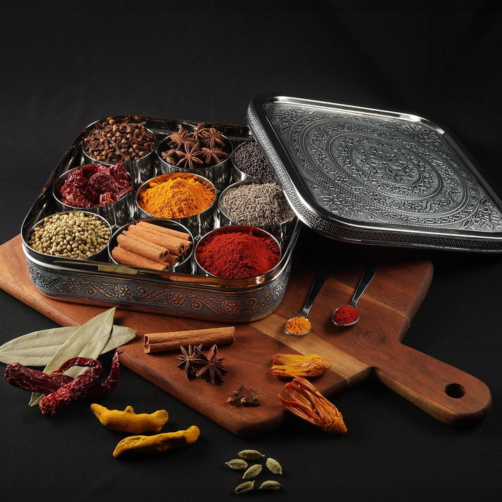 KSJONE Designer-Gewürzdose aus Edelstahl für Masala Dabba, gross, Curry-Gewürzdose, Küchen-Masala-Be