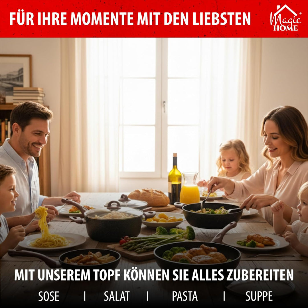 MAGIC HOME Aluguss Topf 24 cm INDUKTION | Marmor Antihaft | Kleiner Beschichteter Kochtopf mit Glasd