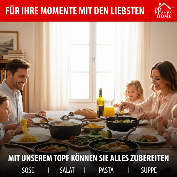 MAGIC HOME Aluguss Topf 24 cm INDUKTION | Marmor Antihaft | Kleiner Beschichteter Kochtopf mit Glasd
