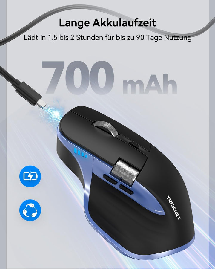 TECKNET Bluetooth kabellose Maus(BT 5.3/5.0+2,4G), Seitliches Mausrad, Superschnelles Scrollen, Wied