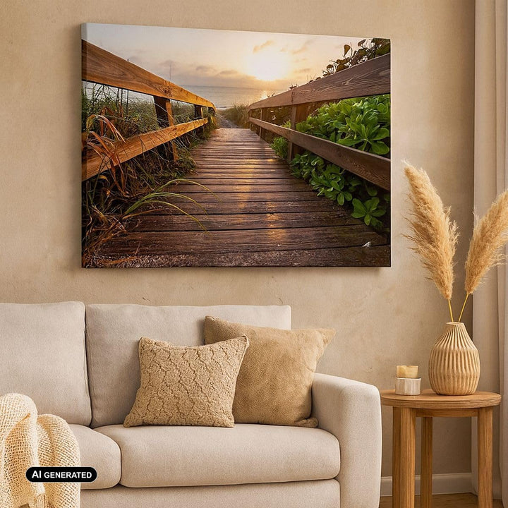 Bilder auf Leinwand 100x70cm Leinwandbild Fussgängerbrücke Meer Strand Ufer Gross Wanddeko Bild Schl