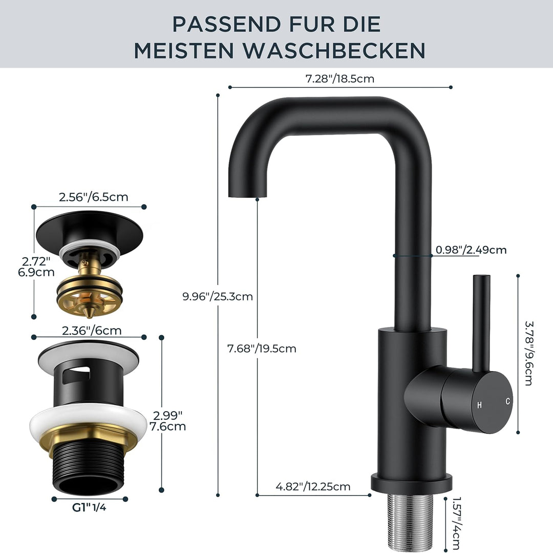 FORIOUS Wasserhahn Bad Schwarz Hoch mit Ablaufgarnitur，360° Drehbar Edelstahl Waschtischarmatur Hoch