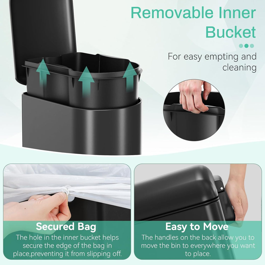 Clevich schmaler 20L rechteckiger Metall-Mülleimer, Softclose, Schwarz | Treteimer,herausnehmbarer I