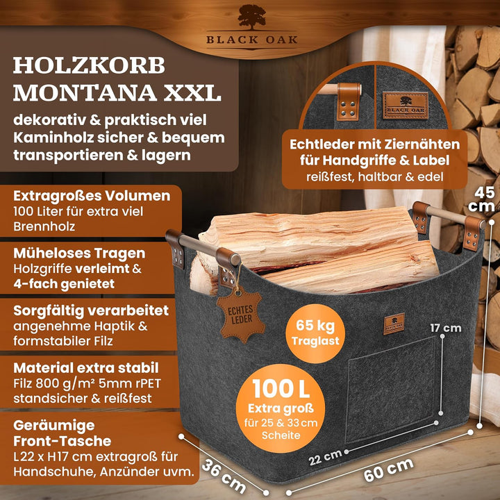 BLACK OAK Holzkorb MONTANA XXL 100L 60x36x45cm Filzkorb für Holz grau | Echt-Leder Applikation + bre