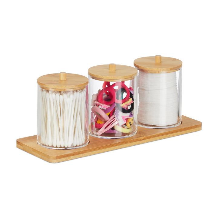 Relaxdays Wattestäbchenbehälter mit Tablett, 3 Becher m. Deckel, Kosmetik Organizer Kunststoff/Bambu