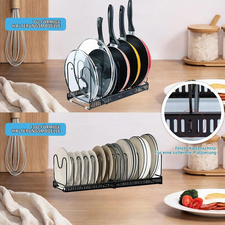 Verstellbarer Topf - Pfannenorganizer 2 teilig mit 20 Fächern, Ausziehbarer Topfdeckelhalter für Küc