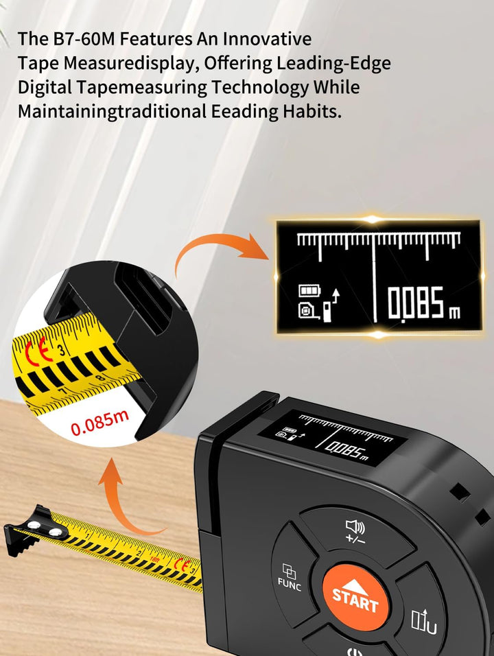 Laser Massband, 3 in 1 Laser Entfernungsmesser 196ft/60m Digitales Massband mit Laser, 16ft/5m Digit