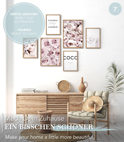 Papierschmiede® Mood Poster Set Coco Flowers, Fertiges Bilder Set mit Rahmen (Holz, Natur), Wohnzimm