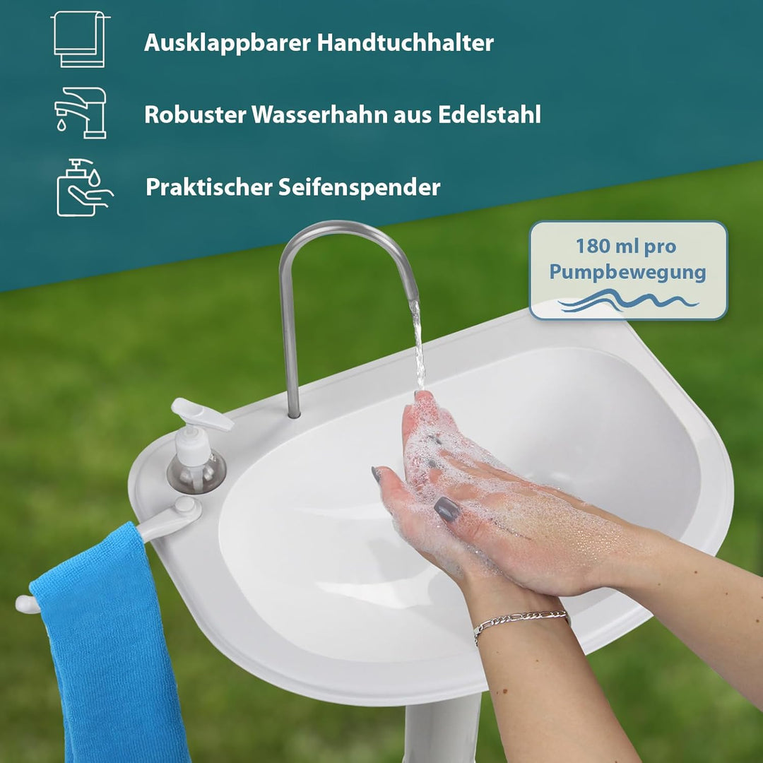 Montafox Mobiles Camping Waschbecken 21 L Frischwassertank - Waschstation mit Fusspumpe Seifenspende
