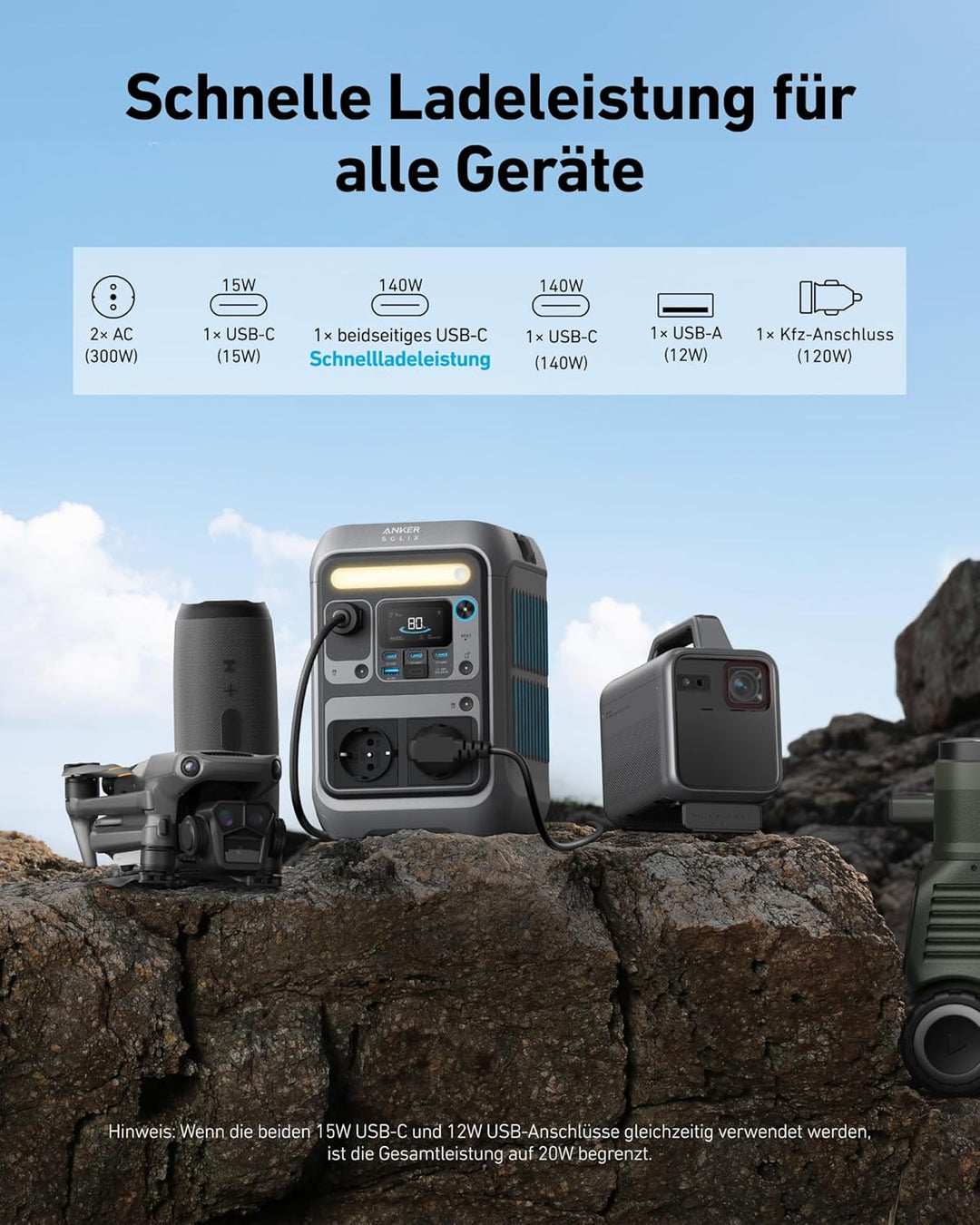 Anker SOLIX C300 Tragbare Powerstation, 288Wh LiFePO4 Akku, 300W (Max 600W) Solargenerator, 140W Bei