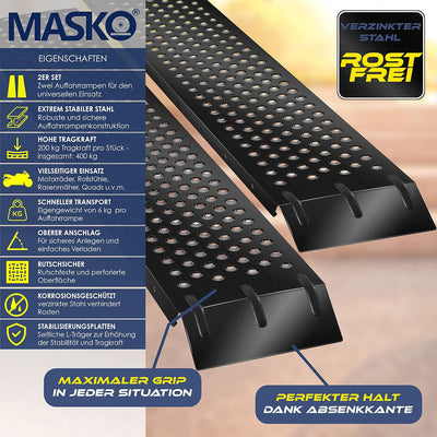 MASKO® 2X Auffahrrampe 400kg | Verladerampe | Verladeschiene | verzinkter Stahl | Antirutsch | 200kg