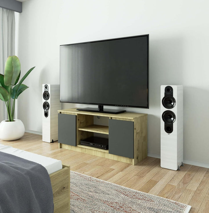 AKORD Low Board K-120 | TV-Shrank mit EIN offenes Regalfach | Fernsehkommode 2 Ablagen mit Türen Lin