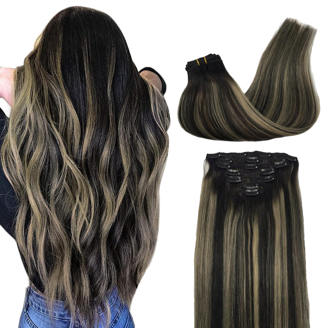 GOO GOO Clip in Extensions Echthaar, Echthaar Extensions Clip, 45cm 120g 7pcs, Clip In Haarverlänger