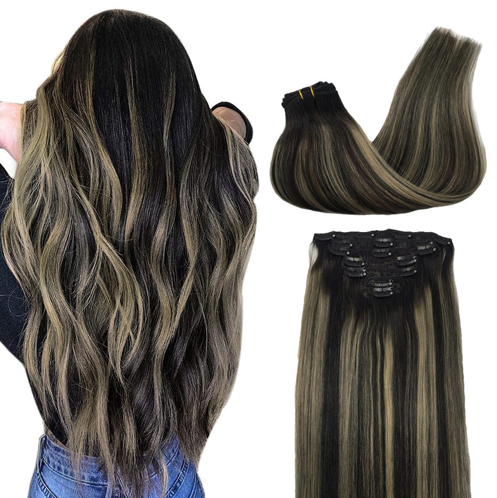 GOO GOO Clip in Extensions Echthaar, Echthaar Extensions Clip, 45cm 120g 7pcs, Clip In Haarverlänger