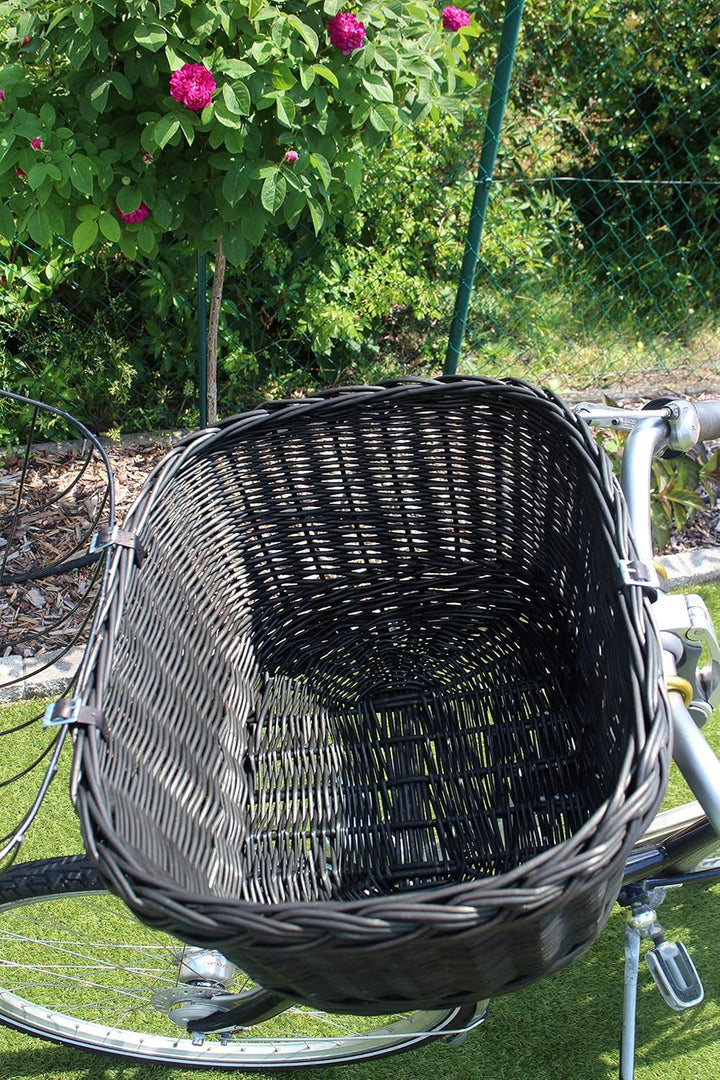 Hundefahrradkorb für Fahrradlenker aus Weide mit Metallgitter und Kissen in Schwarz Lenkrad Weidenko
