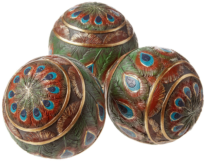 Design Toscano Pfauenfederkugeln Dekorative Akzentkugeln, 8 cm, Set of Three, Vollfarbe, Dekorative