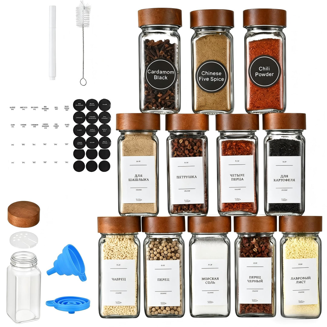 Gewürzgläser Set 12er (120ml) Eckig mit Deckel aus Akazienholz, Premium Vorratsgläser Glas mit Streu