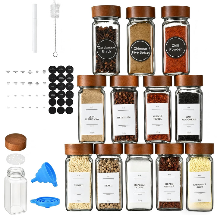 Gewürzgläser Set 12er (120ml) Eckig mit Deckel aus Akazienholz, Premium Vorratsgläser Glas mit Streu