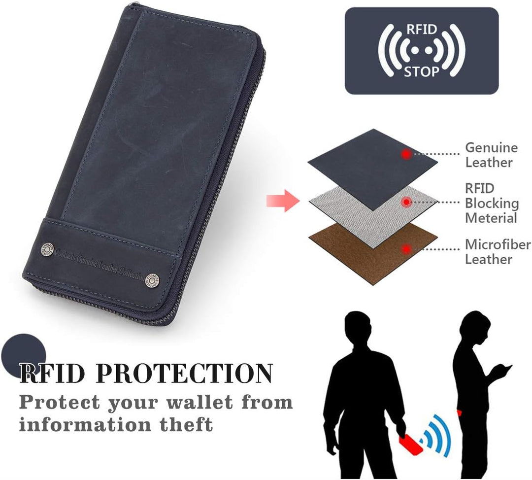 Contacts RFID Blocking Echtleder Herren Reissverschluss um Brieftasche Karte Telefonhalter Münzkuppl