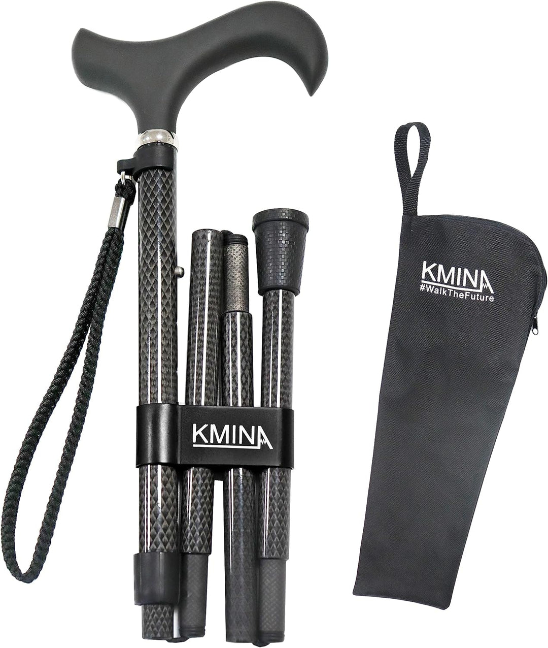 KMINA PRO - Gehstock Klappbar Carbon, Damen Höhenverstellbar, Elegant, Spazierstock Herren Schwarz,