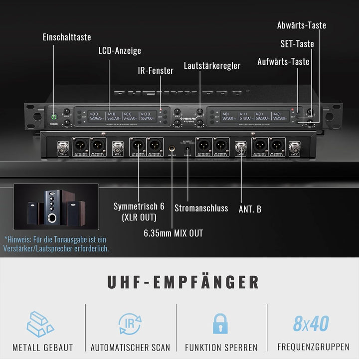 Phenyx Pro 8-Kanal Wireless Mikrofon System mit 8 Handheld Mikrofonen, Funkmikrofon Set mit automati