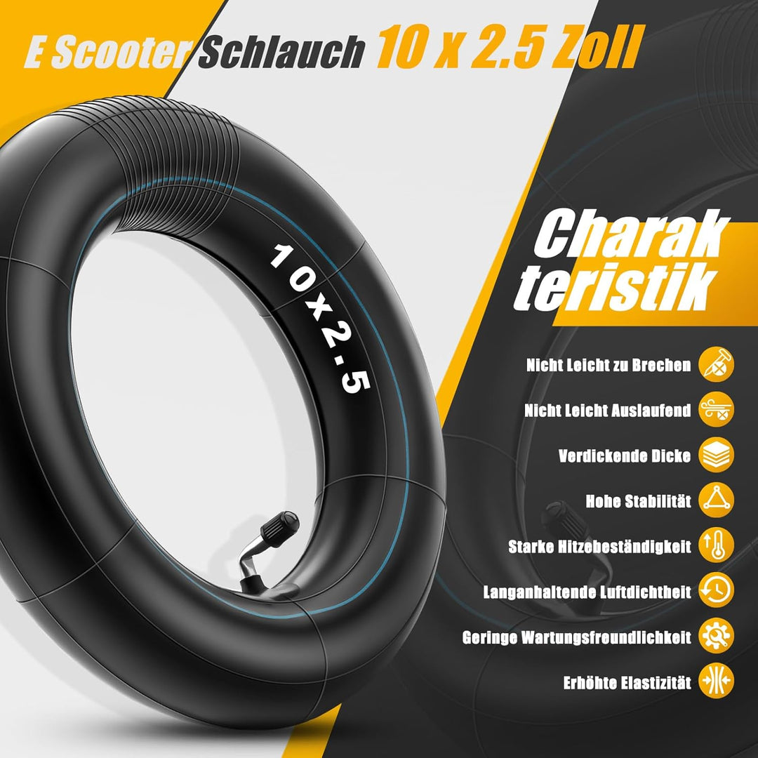 E Scooter Schlauch 10x2.50, 60/70-6.5 Schlauch Dickwandig & Haltbarem mit Silberne Ventil 90°, 10 Zo
