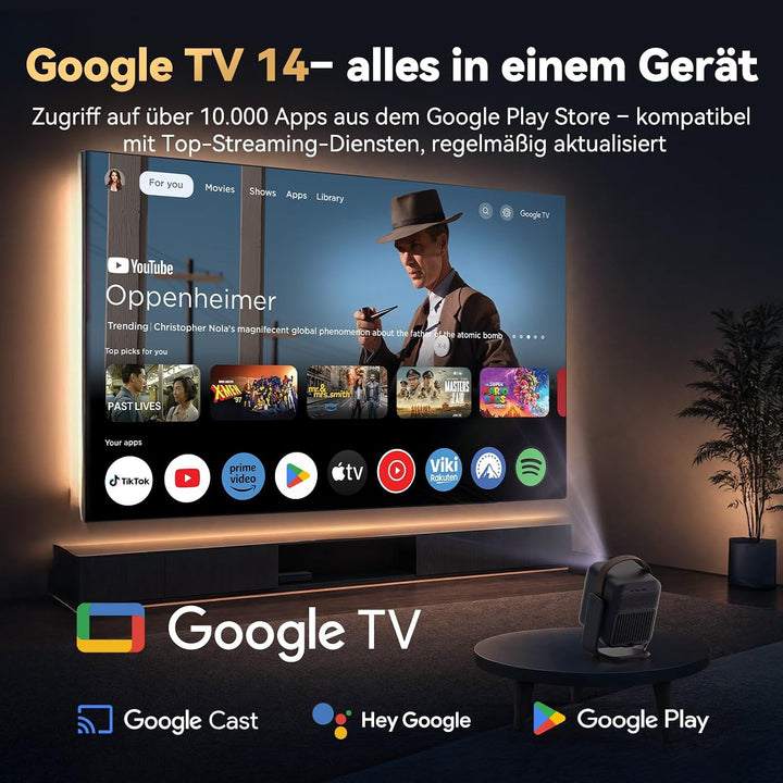 WANBO Togo Pro Akku Smart Beamer Google TV Netflix, Tragbar Projektor mit 3,5h Akku für Outdoor &amp; He
