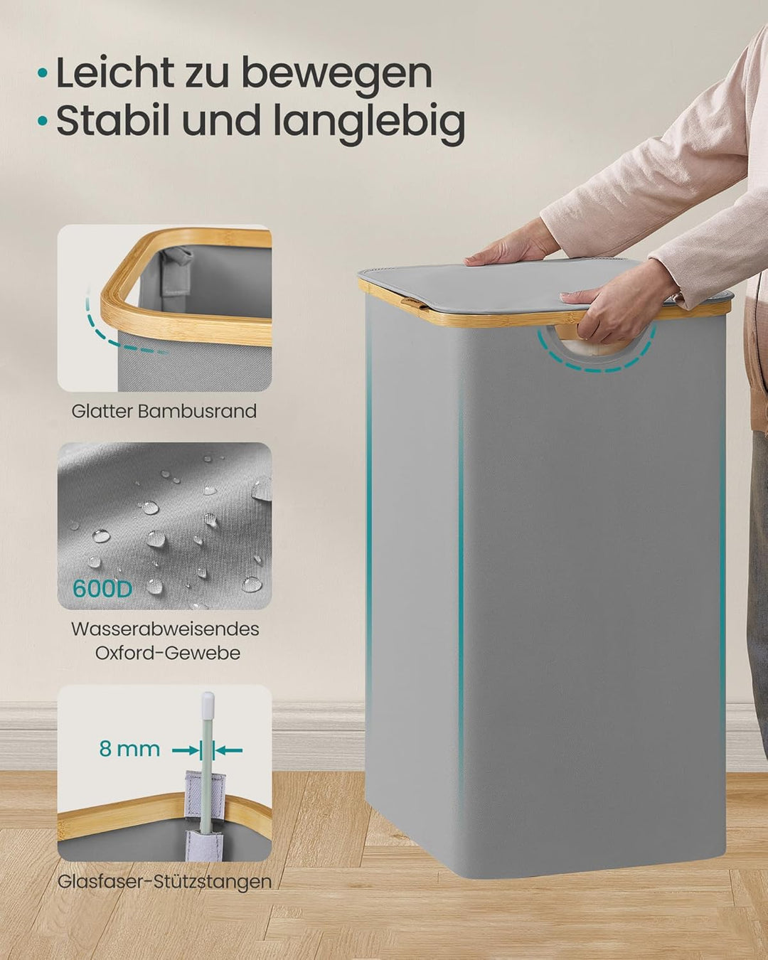 SONGMICS Wäschekorb mit Deckel, Wäschesammler mit 4 Fächern, 200 L, herausnehmbarer Wäschesack, Oxfo
