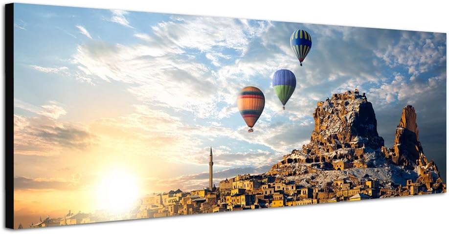 Paul Sinus Art Panoramabild auf Leinwand und Keilrahmen 120x40cm Italien Stadt Berg Heissluftballons