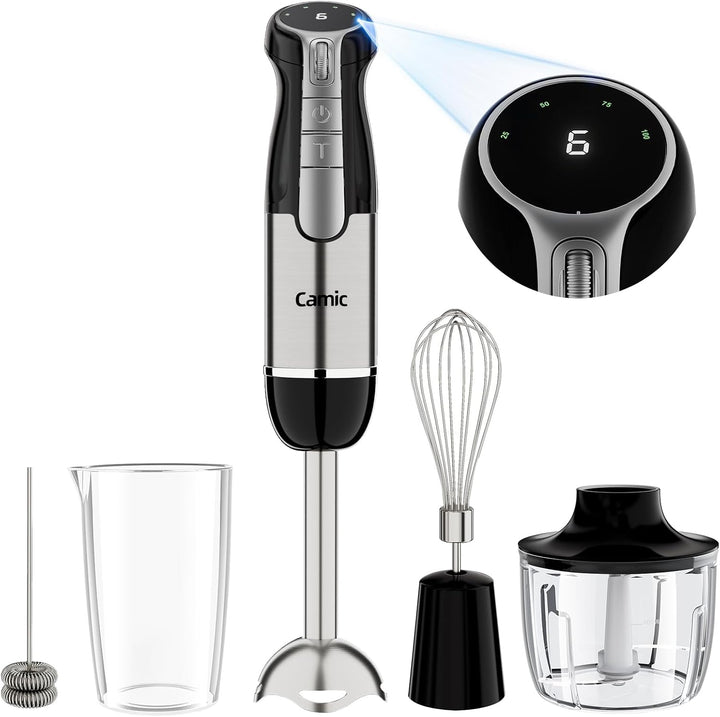 Camic Stabmixer, Kabelloser Elektrische Handmixer mit 6-Stufiger + Turbo, LED-Anzeige, 4-in-1 Tragba