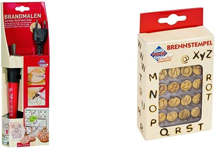 Brandmalkolben mit 9 verschiedenen Aufsätzen & Pebaro 20500 - Brennstempel, Buchstaben M - Z, 16-tei