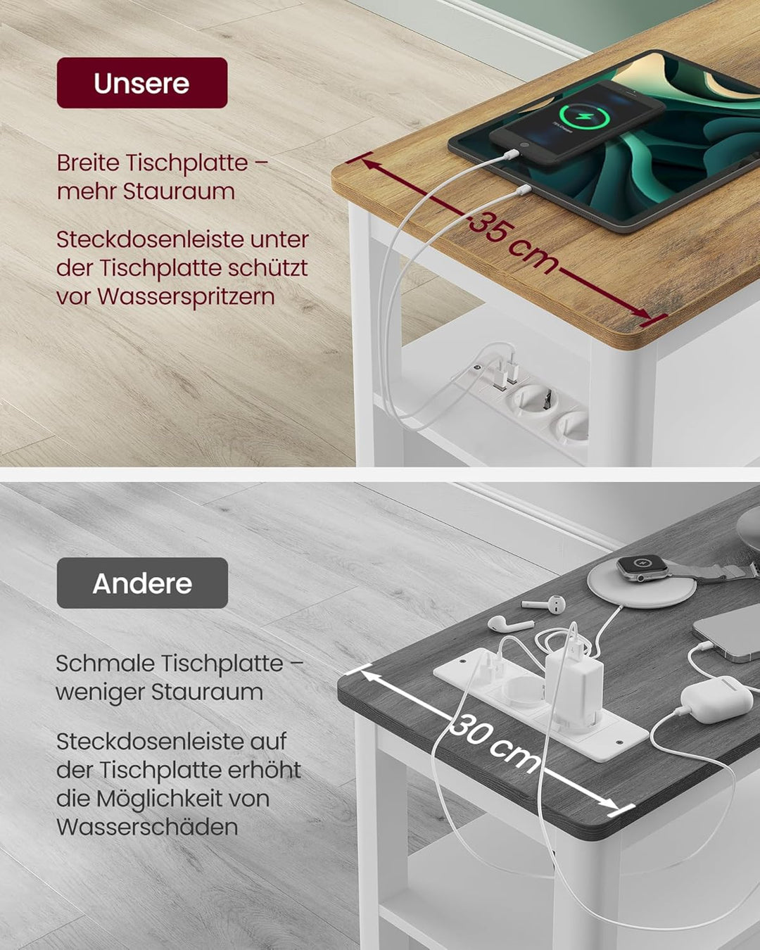 VASAGLE Beistelltisch, 2er Set, schmaler Nachttisch mit Steckdosenleiste, 2 Schubladen, Sofatisch, f